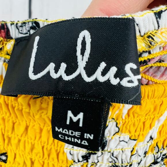 Lulus Yellow Floral Smocked Crop Top stretchy ruffle straps sz Medium - Picture 6 of 7